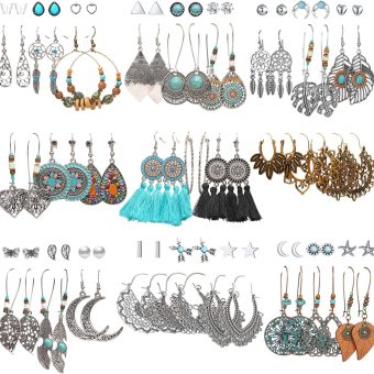 45 Pairs Vintage Silver Drop Dangle Earrings Set for Women Bohemian Bronze Waterdrop Leaf Earrings