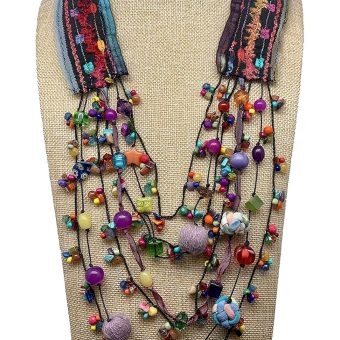 Women's Skinny Fiber Scarf Necklace with Non-Precious Bead Accents -Multi Colored Hand Dyed Yarns- LRW DESIGNS