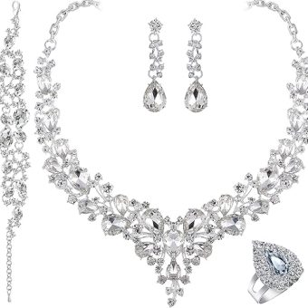 Crystal Bridal Wedding Jewelry Sets for Women Rhinestone Teardrop Crystal Statement Choker Necklace Drop Earrings Link Bracelets Rings Teardrop...