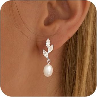 Dainty Gold Pearl Earrings for Women, Trendy 14k Gold Filled Freshwater CZ Leaf Bow Pearl Dangle Drop Earrings Lightweight Hypoallergenic...