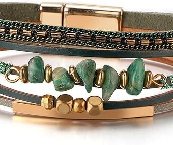 Fesciory Leather Wrap Bracelets for Women, Boho Leopard Multi-Layer Crystal Beads Cuff Bracelet Jewelry