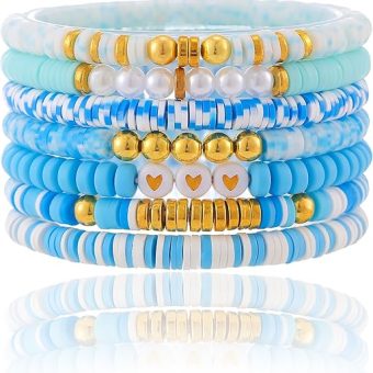 Friendship Bracelets Trendy Heishi Clay Bead Bracelets Stack Gold Beaded Stretch Bracelets for Women Boho Stackable Bracelets Bulk Cute Preppy...