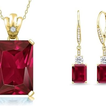 Gem Stone King Red Created Ruby and White Topaz Dangle Earrings and Emerald Cut Pendant Necklace Set in 18K Yellow Gold Plated Silver | Gemstone...