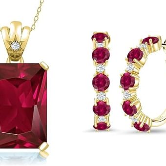 Gem Stone King Red Created Ruby and White Zirconia Hoop Earrings and Emerald Cut Pendant Necklace Set in 18K Yellow Gold Plated Silver | Gemstone...