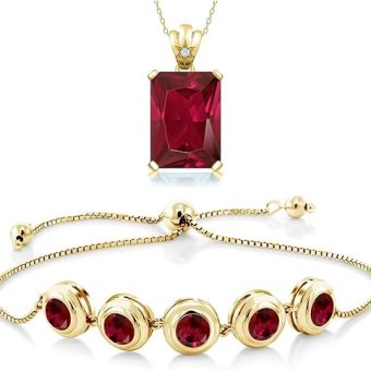 Gem Stone King Red Created Ruby Tennis Bracelet and Emerald Cut Pendant Necklace Set in 18K Yellow Gold Plated Silver | with 18 Inch Chain |...