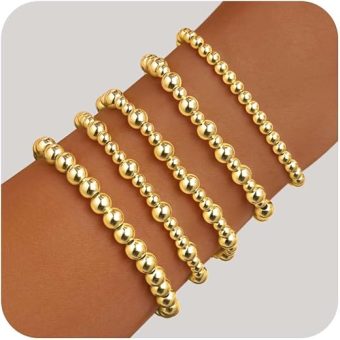 Gold Bead Bracelet for Women, 14K Real Gold Plated Stackable Beaded Ball Bracelets for women Trendy, Hypoallergenic Layered Stack Bracelet Set Pack...