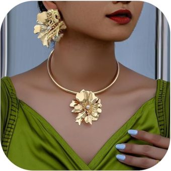 Gold Necklace and Earring Set Dainty Gold Jewelry Sets for Women Big Flower Statement Earrings Floral Choker Necklace Charms Prom Party Jewelry Gifts