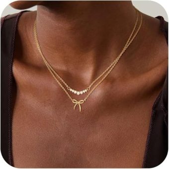 Gold Necklace for Women - Bow Necklace 14K Dainty Gold Necklace Cute Small Tiny Bow Pendant Choker Chain Necklace Trendy Necklaces for Women Gold...