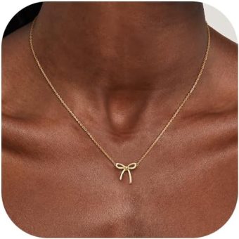 Gold Necklace for Women - Bow Necklace 14K Dainty Gold Necklace Cute Small Tiny Bow Pendant Choker Chain Necklace Trendy Necklaces for Women Gold...