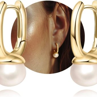 Real Pearl Gold Huggie & Stacked Earring Sets for Women Multiple Piercing - 18K Gold Plated Sterling Silver Layered Earrings - Natural Pearl Drop...