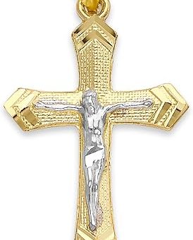 Solid Gold Two Tone Cross Pendant in 10k or 14k, Religious Jewelry