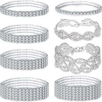 SONNYX 8 PCS Rhinestone Bracelets Stretch for Women Bridal Sparkly Wedding Strand Tennis Bracelet Bling Bikini Crystal Bracelet Silver-Stone...