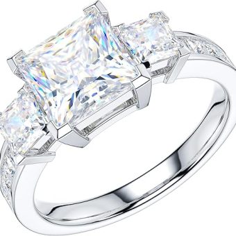 THELANDA Sterling Silver Center 1.5CT Three Stone Style All Princess Cut Side Stones Promise Engagement Ring