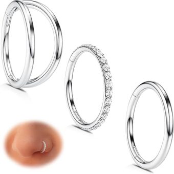 WBRWP Nose Rings Hoops: 316L Surgical Steel Double Hoop Nose Rings 14G 16G 18G 20G Hinged CZ Septum Conch Clicker Lip Rings Cartilage Helix Rook...