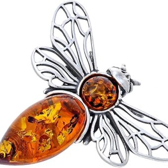 Women’s Silver Brooch Bee mod. 3 with Amber, Oxidised Sterling Silver, Natural Baltic Amber in Cognac Colour