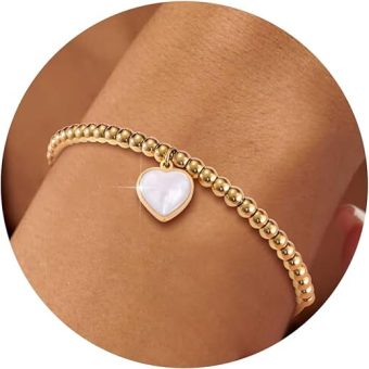 Women's Gold Heart Beaded Bracelet - 18k Gold Plated Heart Beads Bracelets,Hypoallergenic Stainless Steel Trendy Adjustable Hand Chain,Charm...