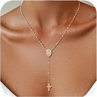 Women's Gold Virgin Mary Necklace - 14k Gold Plated Rosary Bead Cross Lariat Necklaces,Hypoallergenic Non Tarnish Gold Catholic Y Chain...