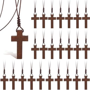 Wood Cross Necklace Bulk for Bible Verse Party Favor Wood Cross Pendant Necklace Wood Cross Crucifix on Cord